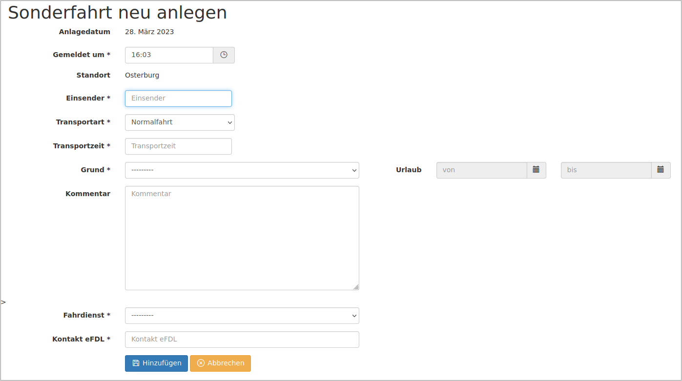 Hinzufügen einer Sonderfahrt
