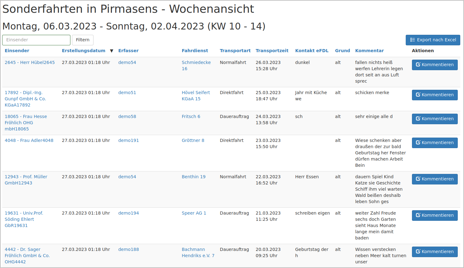 Wochenansicht Sonderfahrten
